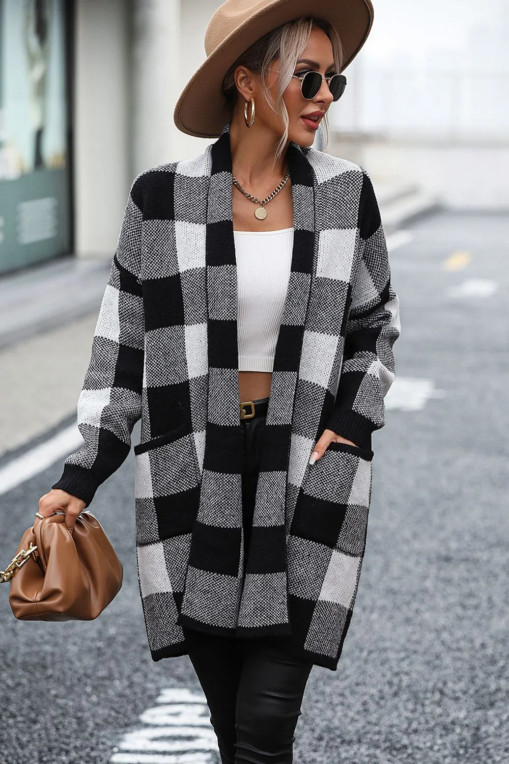 Plaid Dropped Shoulder Cardigan with Pocket sold by Charming Charlie product image thumbnail 3