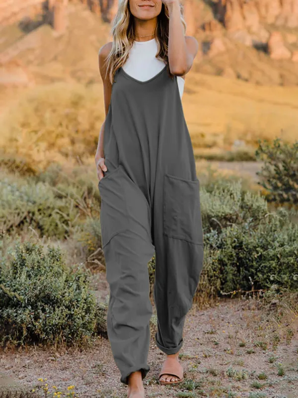Double Take Full Size Sleeveless V-Neck Pocketed Jumpsuit sold by Charming Charlie