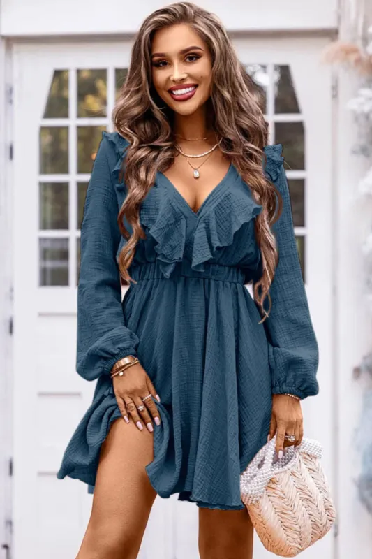 Ruffle Trim V-Neck Long Sleeve Mini Dress sold by Charming Charlie