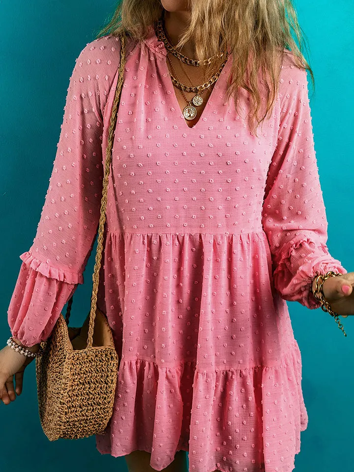 Swiss Dot V Neck Ruffle Trim Mini Tiered Long Sleeve Dress