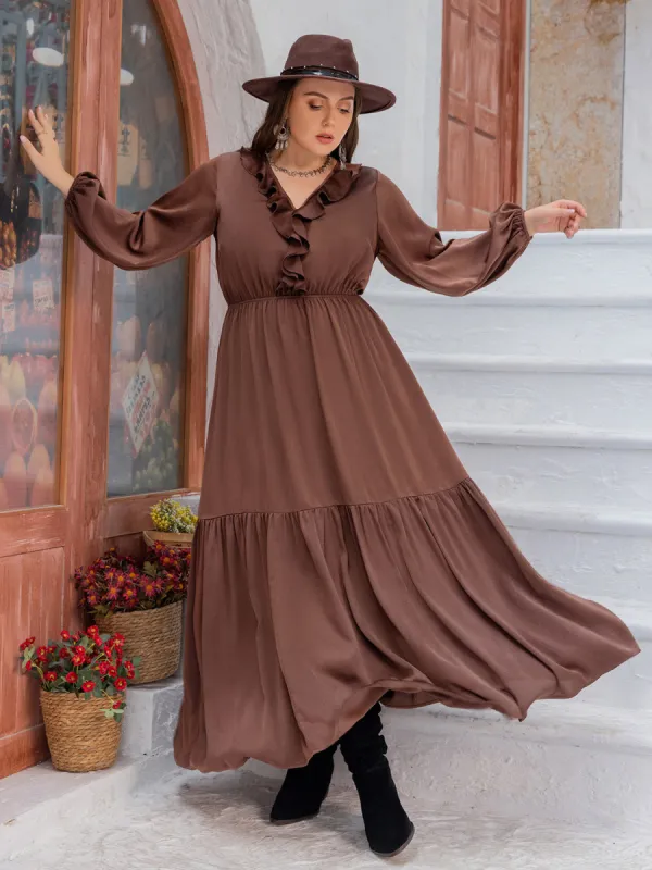 Plus Size V-Neck Ruffle Trim Maxi Dress sold by Charming Charlie