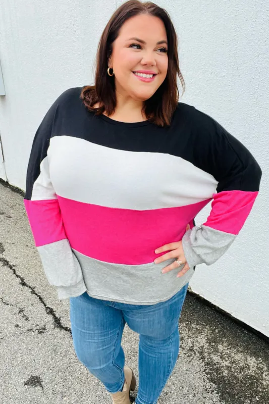 Fuchsia & Black Color Block Hacci Sweater Top sold by Charming Charlie