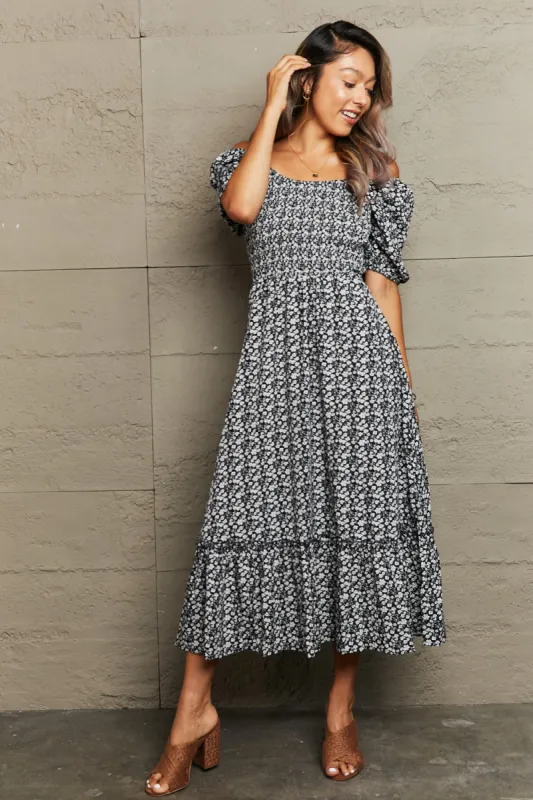 Floral Lace-Up Off-Shoulder Midi Dress sold by Charming Charlie