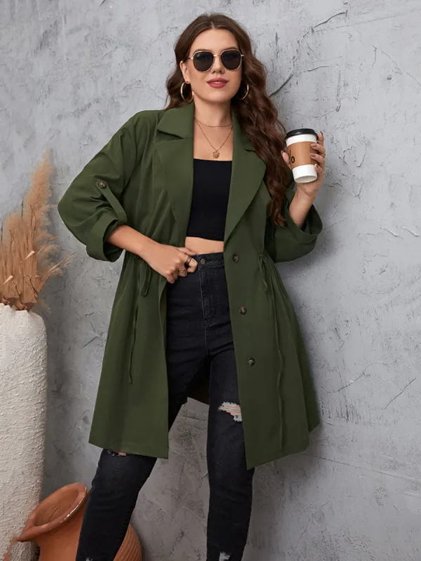 Plus Size Lapel Collar Roll-Tab Sleeve Trench Coat sold by Charming Charlie