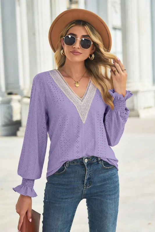 Contrast V-Neck Flounce Sleeve Top sold by Charming Charlie