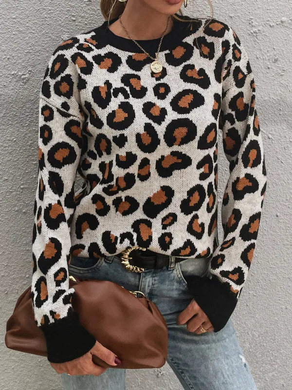 Leopard Round Neck Dropped Shoulder Sweater sold by Charming Charlie