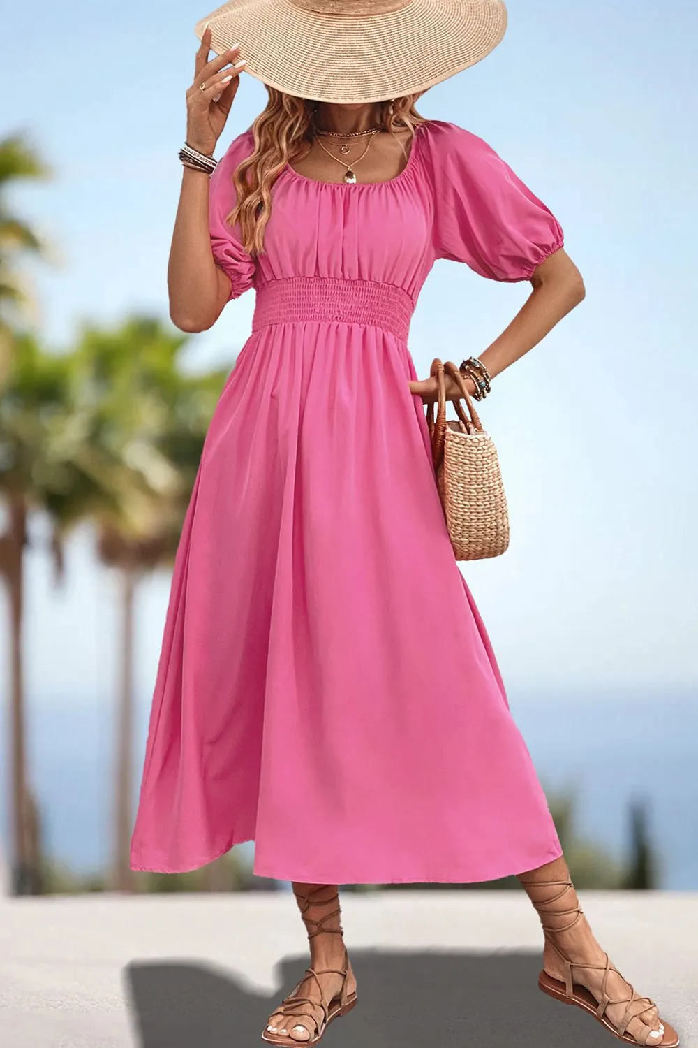 Square Neck Smocked Waist Puff Sleeve Midi Dress sold by Charming Charlie product image thumbnail 3