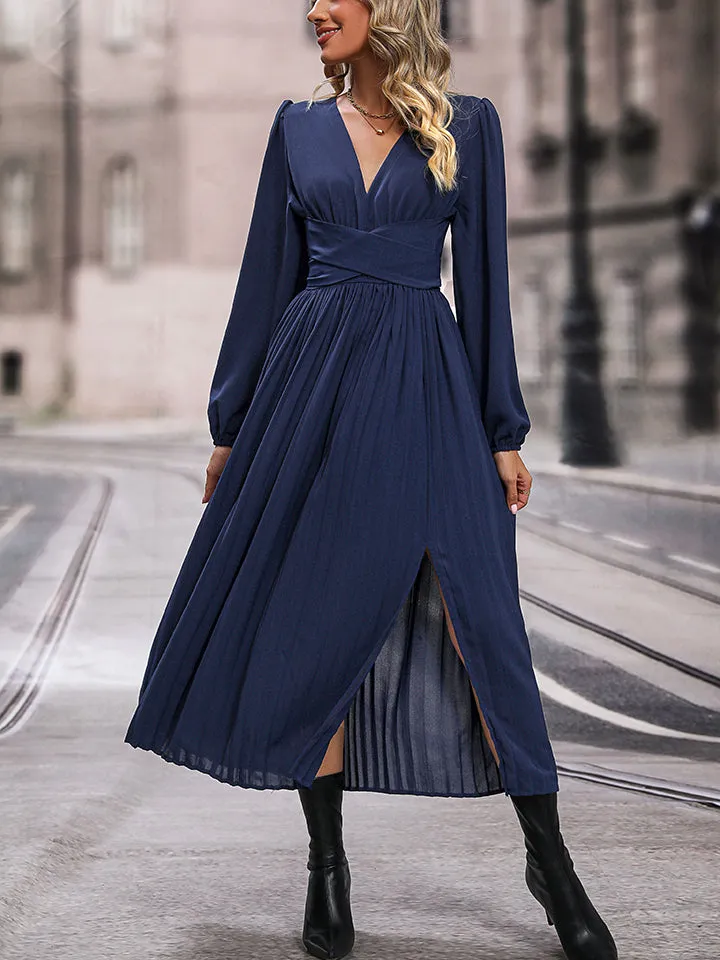 V-Neck Long Sleeve Pleated Slit Dress sold by Charming Charlie product image thumbnail 4