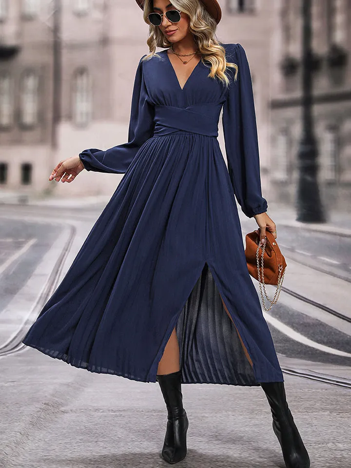V-Neck Long Sleeve Pleated Slit Dress sold by Charming Charlie