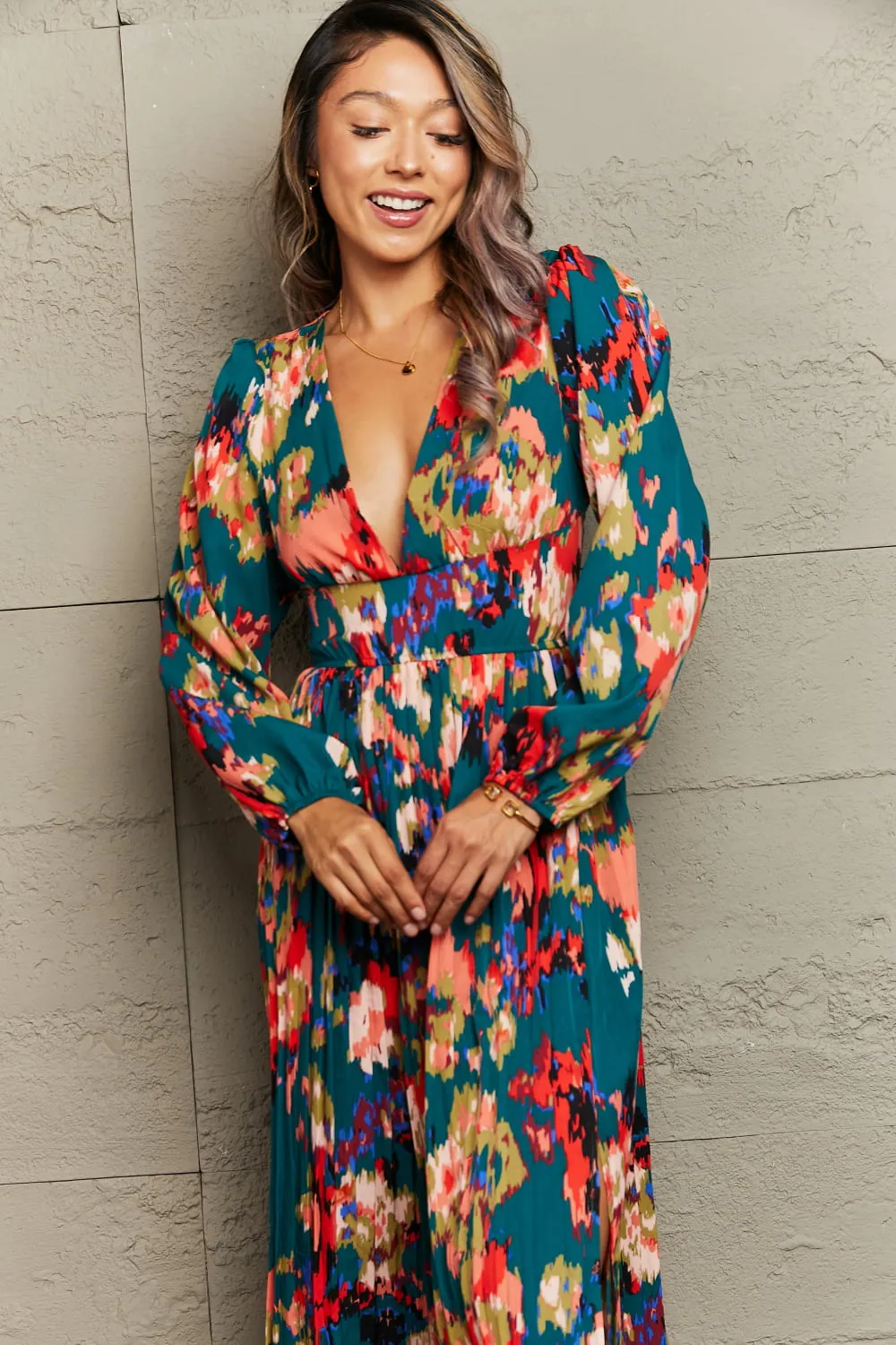 Printed Deep V Slit Pleated Dress sold by Charming Charlie product image thumbnail 4