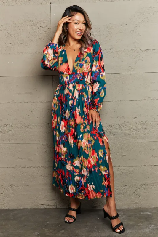 Printed Deep V Slit Pleated Dress sold by Charming Charlie