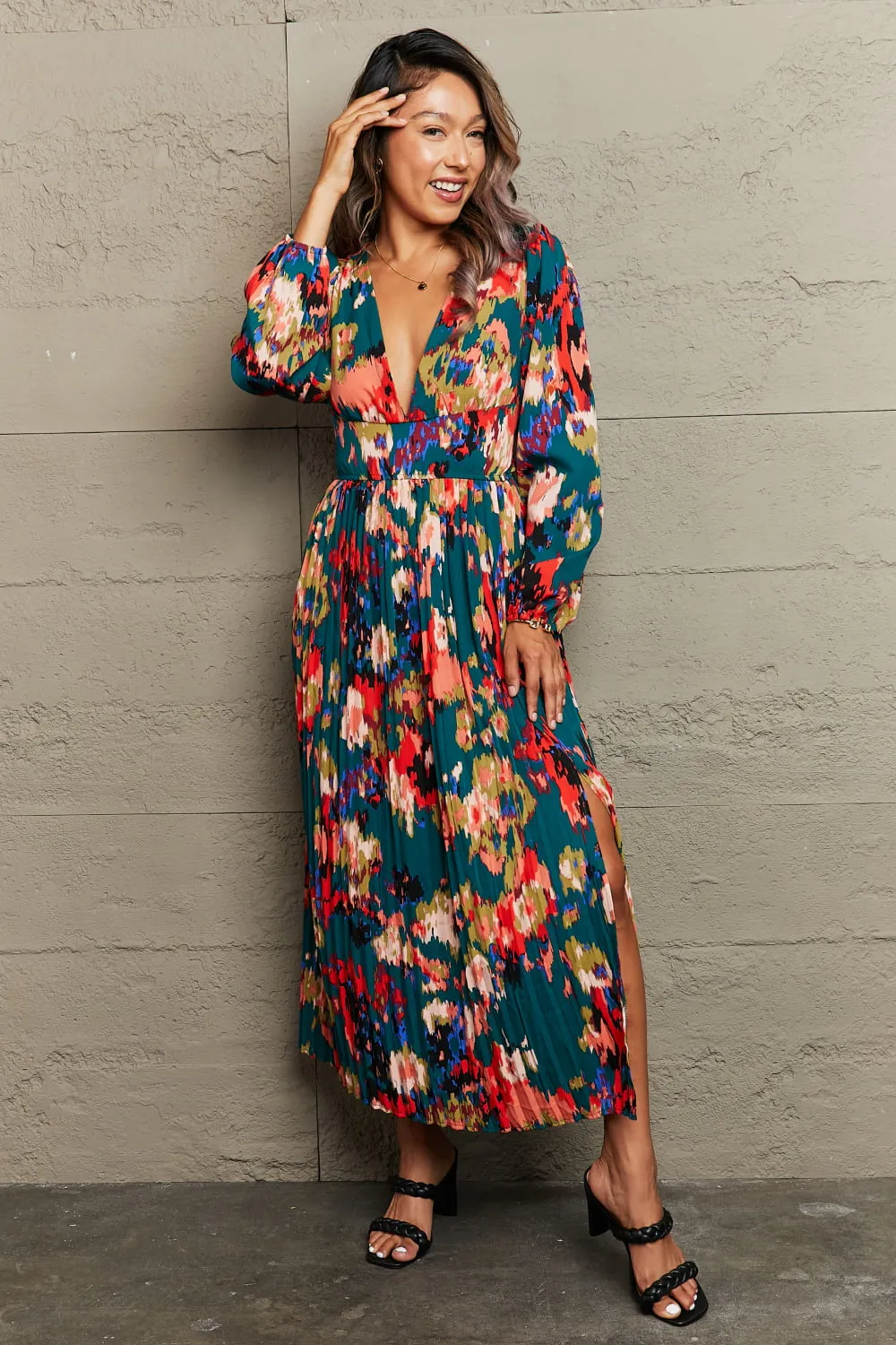 Printed Deep V Slit Pleated Dress sold by Charming Charlie