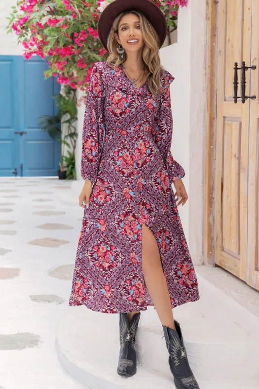 Printed Long Sleeve Slit Midi Dress sold by Charming Charlie