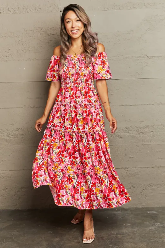 Floral Off-Shoulder Frill Trim Maxi Dress sold by Charming Charlie