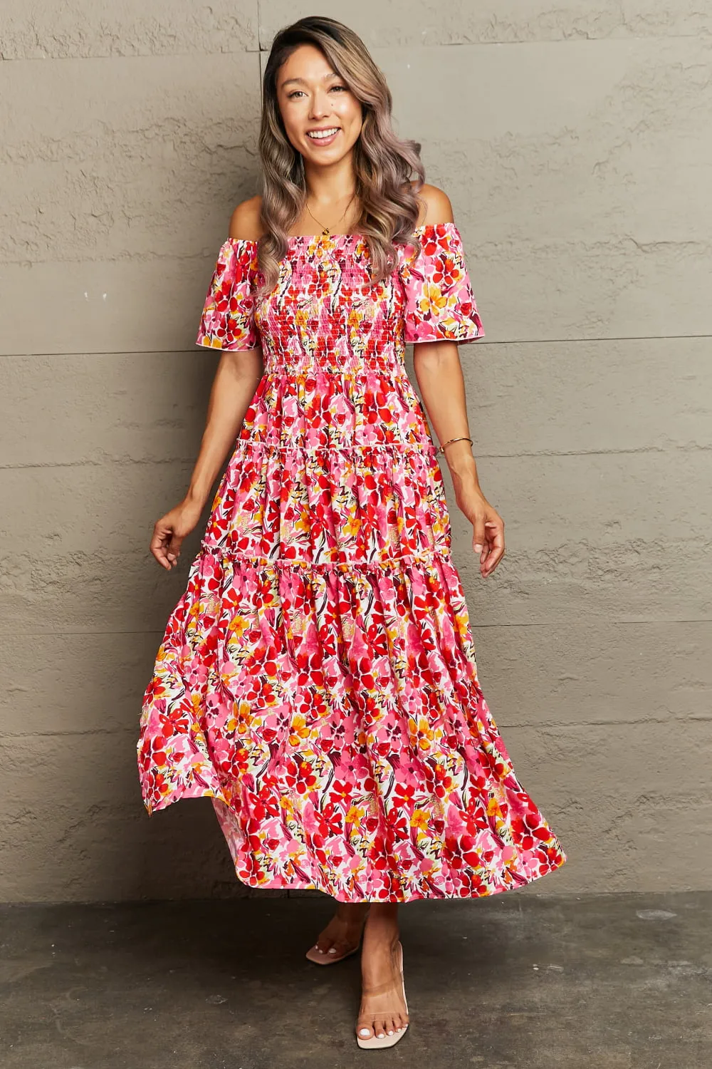 Floral Off-Shoulder Frill Trim Maxi Dress sold by Charming Charlie