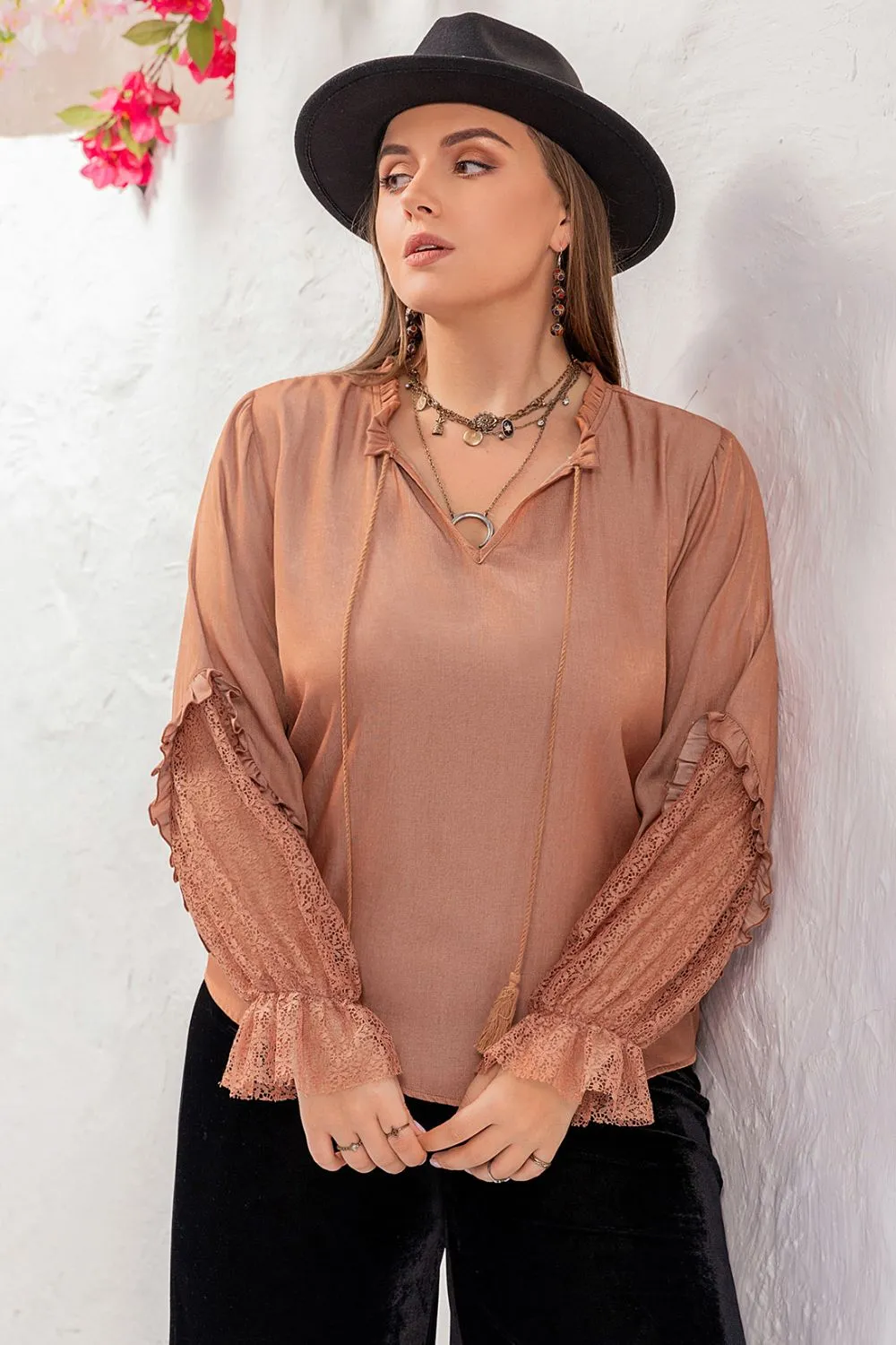 Plus Size Tie Neck Flounce Sleeve Blouse sold by Charming Charlie product image thumbnail 3