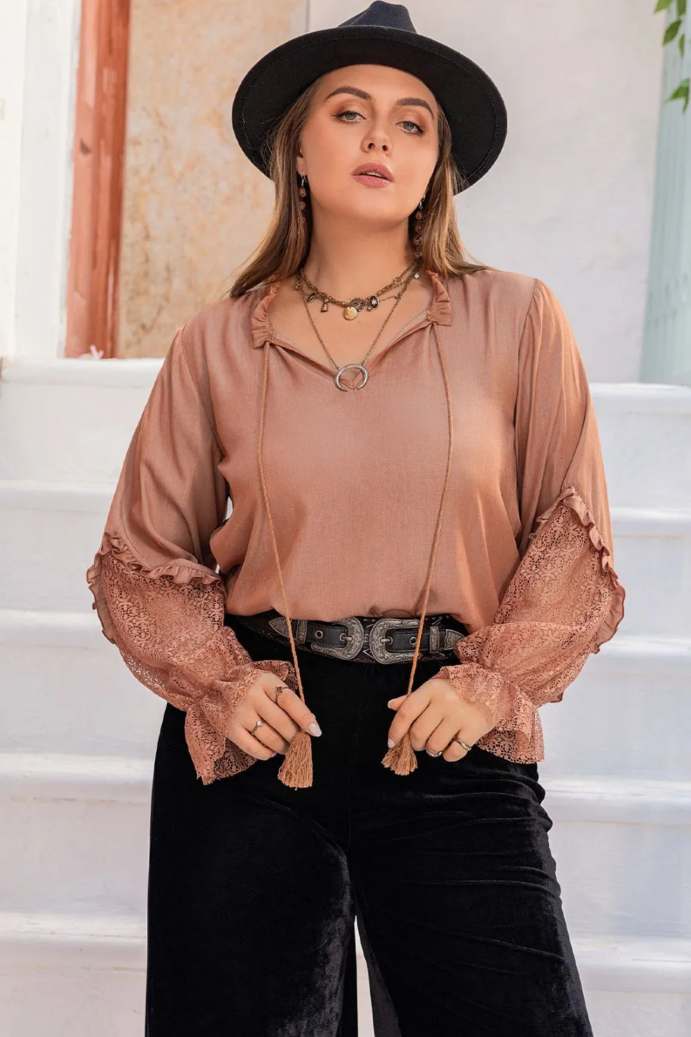 Plus Size Tie Neck Flounce Sleeve Blouse sold by Charming Charlie product image thumbnail 4