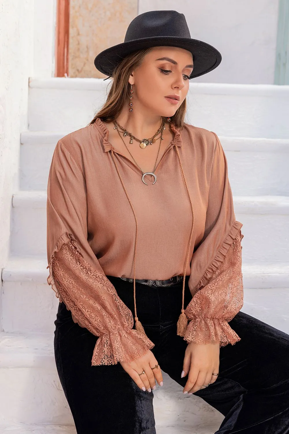 Plus Size Tie Neck Flounce Sleeve Blouse sold by Charming Charlie