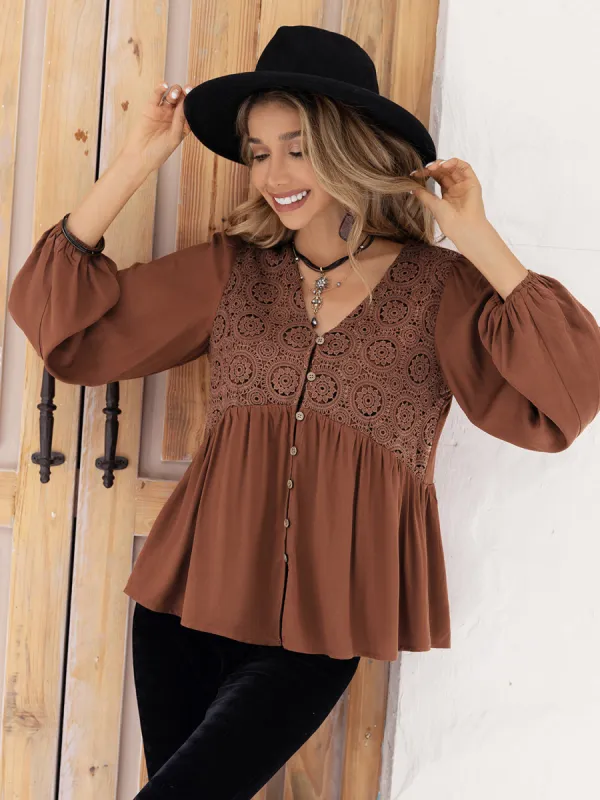 Printed V-Neck Long Sleeve Blouse sold by Charming Charlie