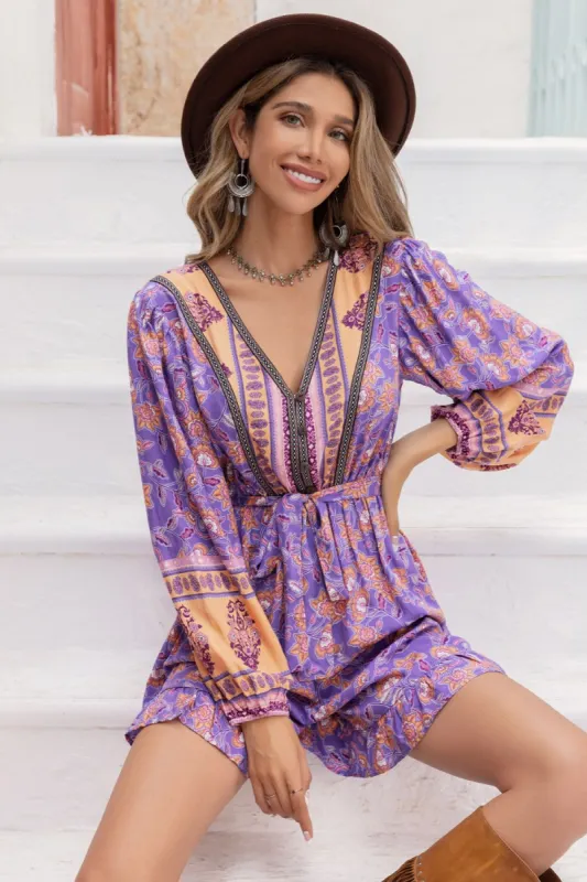 V-Neck Tie Waist Printed Mini Dress sold by Charming Charlie