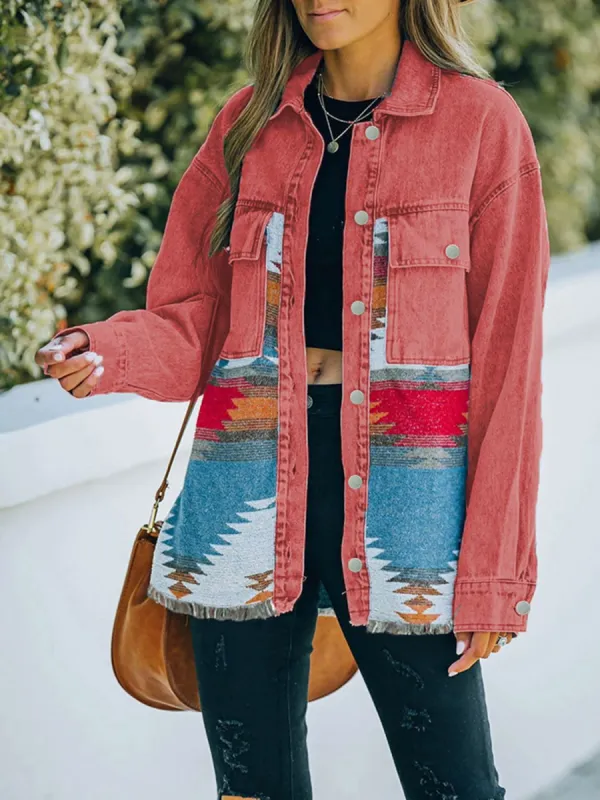 Dropped Shoulder Long Sleeve Printed Denim Jacket sold by Charming Charlie
