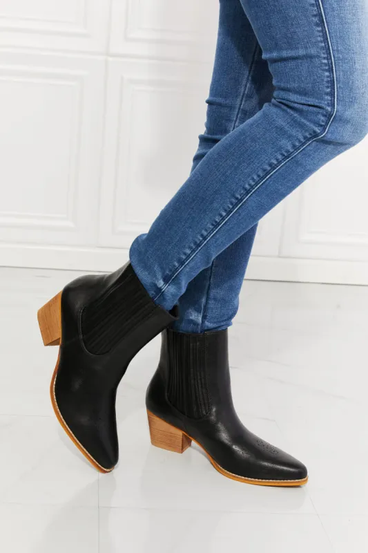 MMShoes Love the Journey Stacked Heel Chelsea Boot in Black sold by Charming Charlie