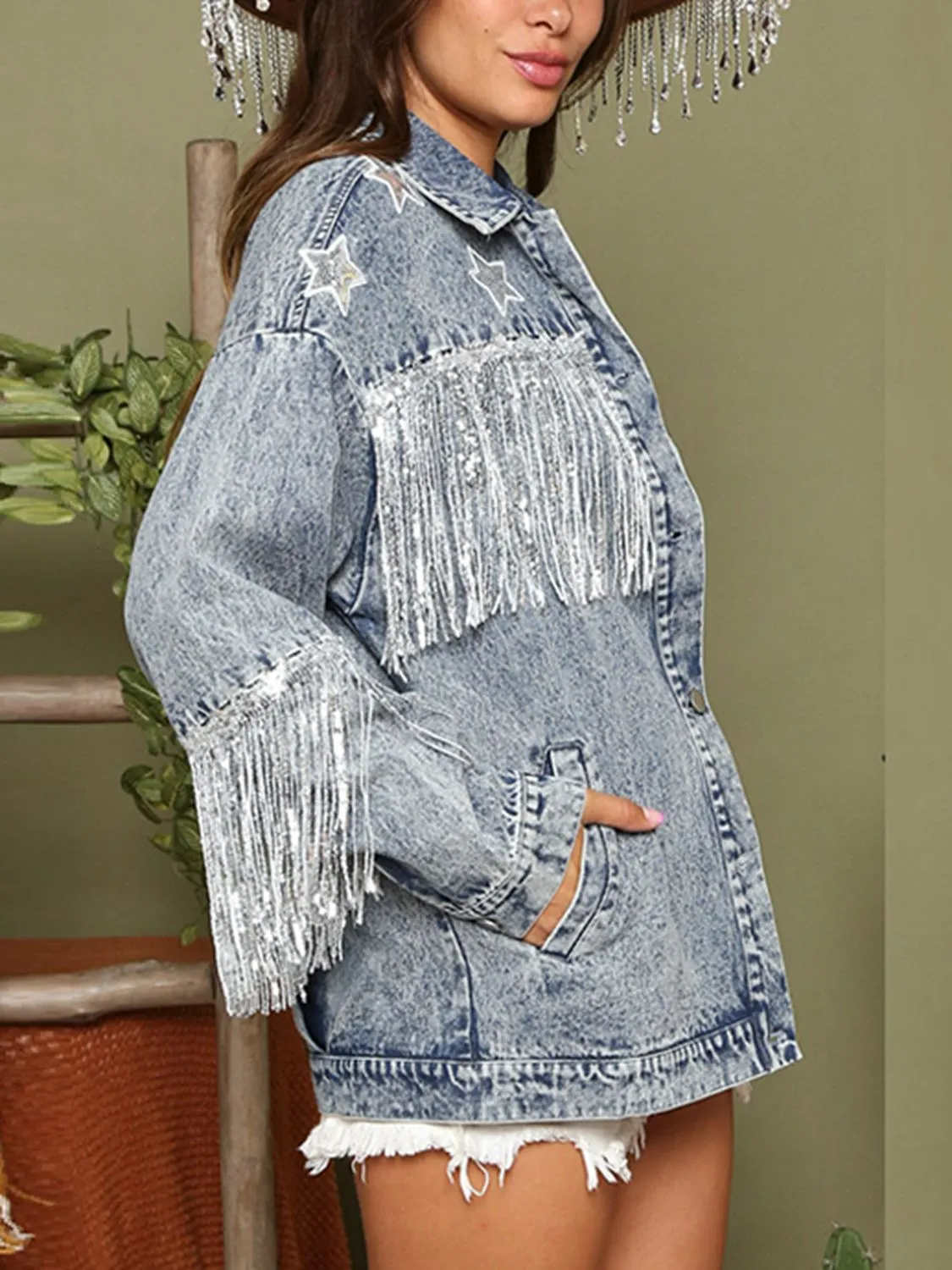Fringe Detail Long Sleeve Denim Jacket sold by Charming Charlie product image thumbnail 5