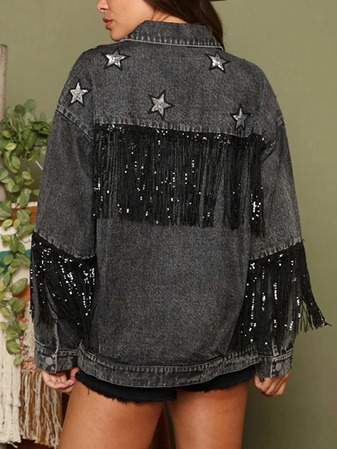 Fringe Detail Long Sleeve Denim Jacket sold by Charming Charlie product image thumbnail 2