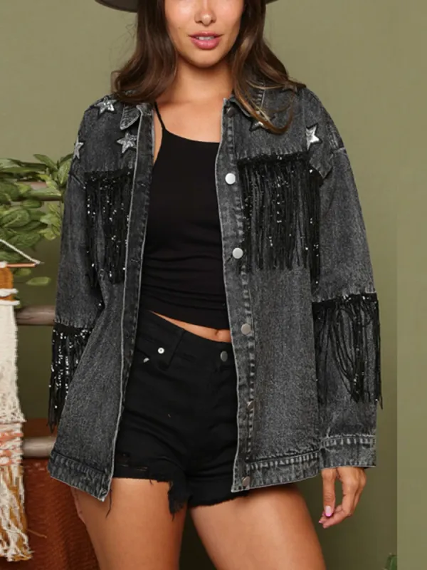 Fringe Detail Long Sleeve Denim Jacket sold by Charming Charlie