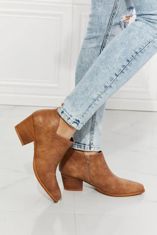 MMShoes Trust Yourself Embroidered Crossover Cowboy Bootie in Caramel sold by Charming Charlie