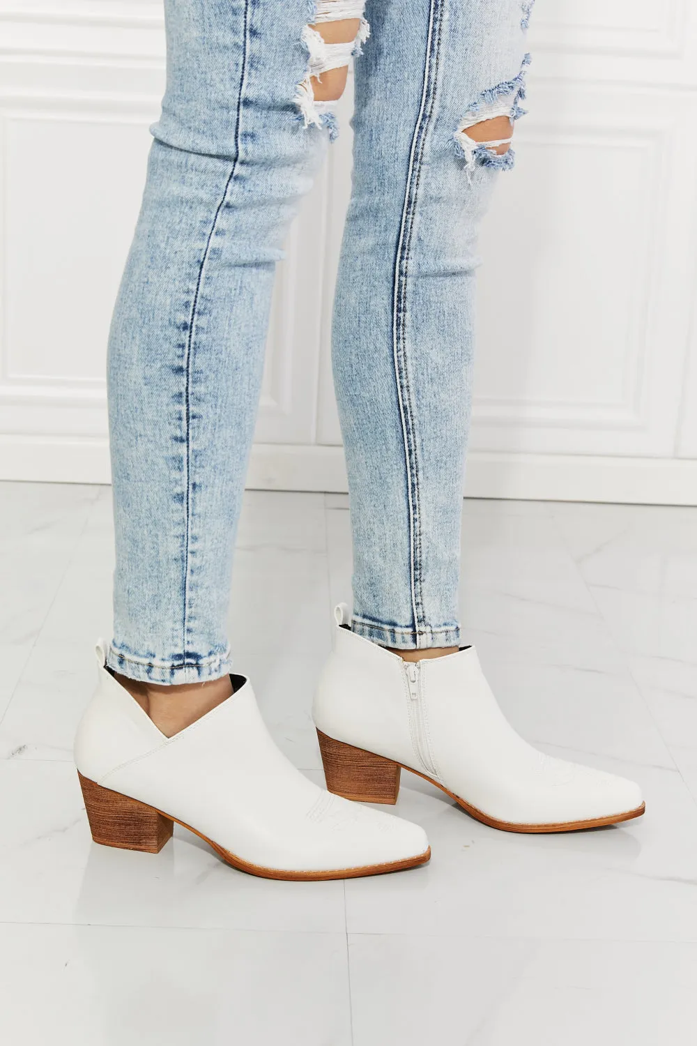 MMShoes Trust Yourself Embroidered Crossover Cowboy Bootie in White sold by Charming Charlie