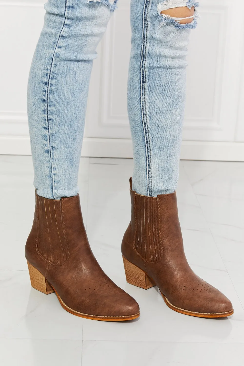 MMShoes Love the Journey Stacked Heel Chelsea Boot in Chestnut sold by Charming Charlie