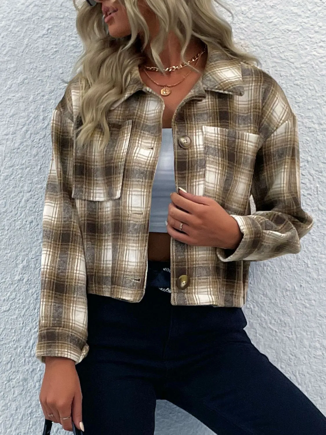 Plaid Button-Up Dropped Shoulder Shacket sold by Charming Charlie