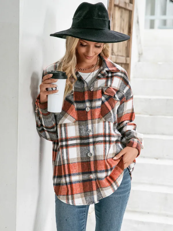 Meet You Outside Plaid Button Down Curved Hem Shacket sold by Charming Charlie
