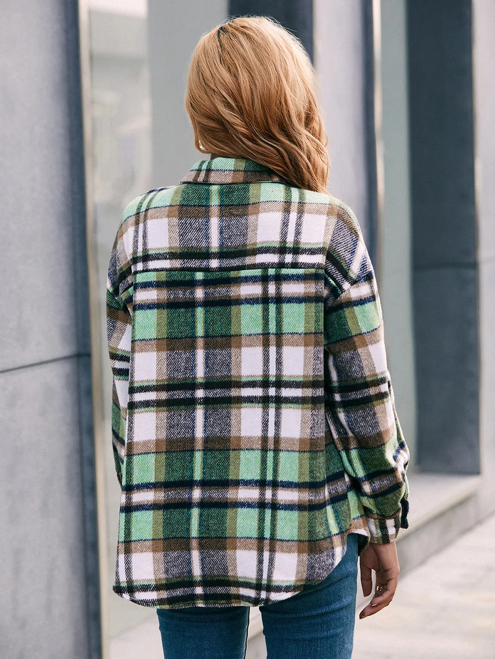 Meet You Outside Plaid Button Down Curved Hem Shacket sold by Charming Charlie product image thumbnail 5