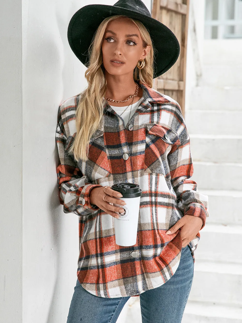 Meet You Outside Plaid Button Down Curved Hem Shacket sold by Charming Charlie product image thumbnail 2