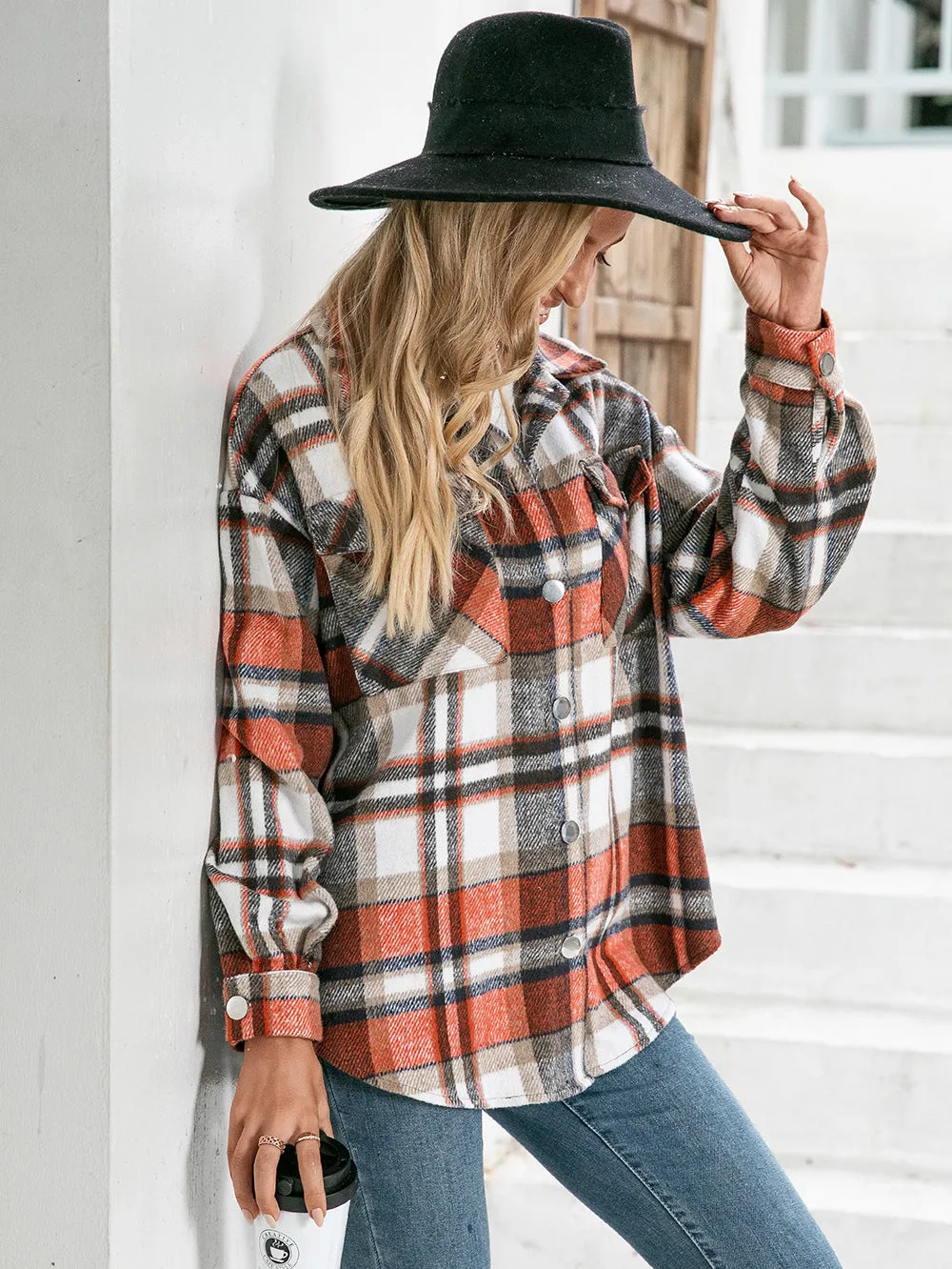 Meet You Outside Plaid Button Down Curved Hem Shacket sold by Charming Charlie product image thumbnail 3