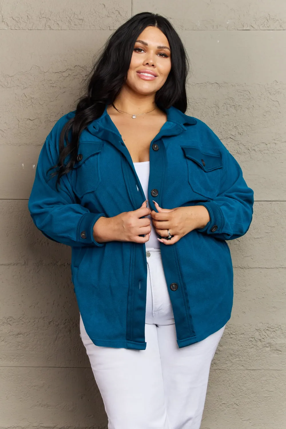 Zenana Cozy in the Cabin Full Size Fleece Elbow Patch Shacket in Teal sold by Charming Charlie product image thumbnail 3
