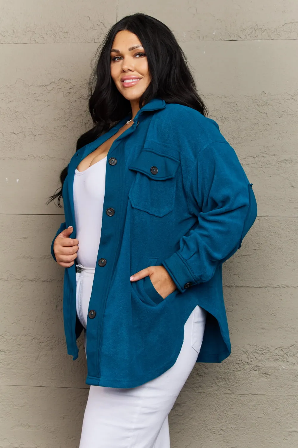Zenana Cozy in the Cabin Full Size Fleece Elbow Patch Shacket in Teal sold by Charming Charlie product image thumbnail 4
