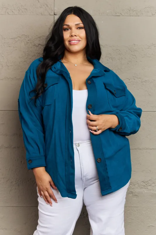 Zenana Cozy in the Cabin Full Size Fleece Elbow Patch Shacket in Teal made by Charming Charlie