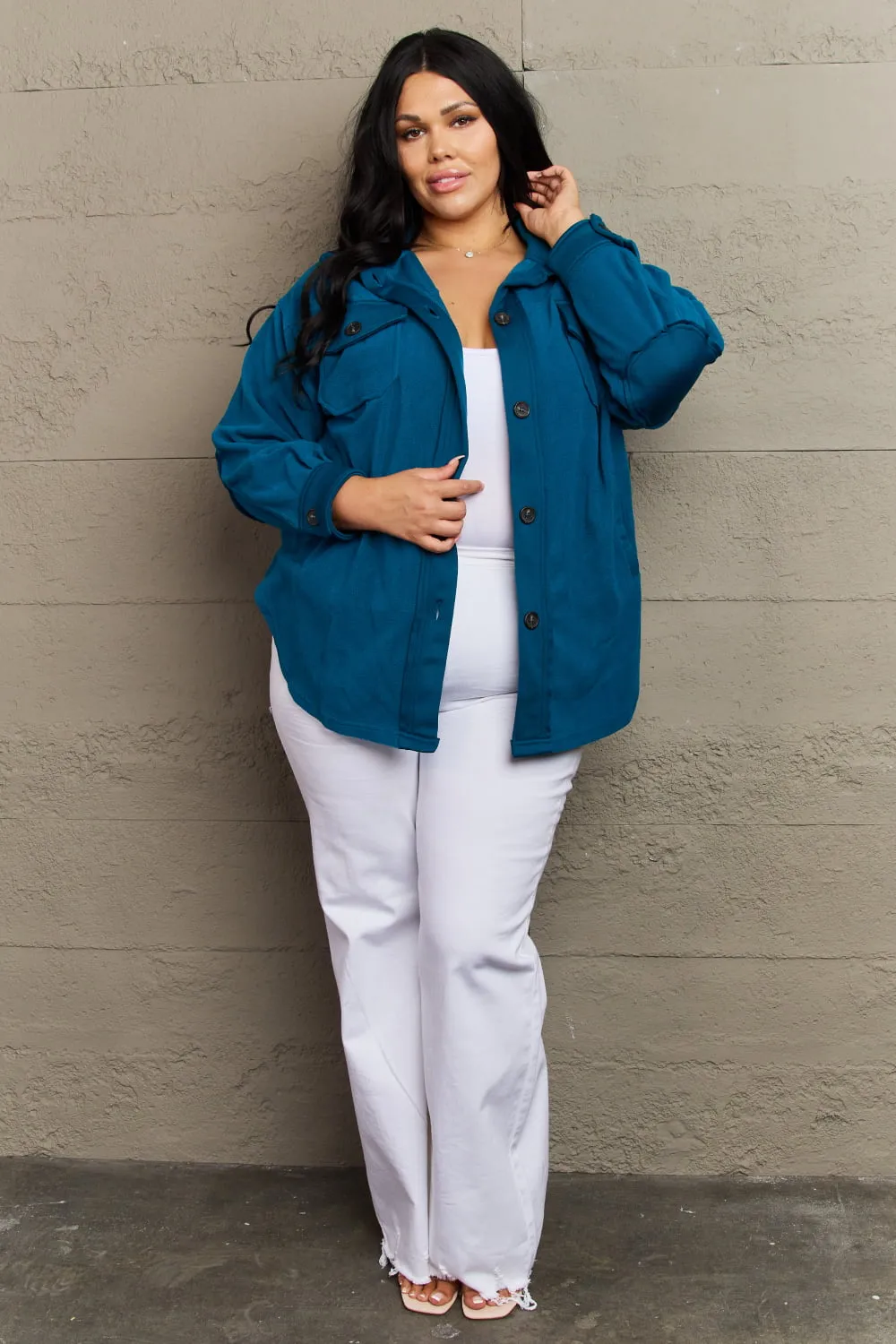 Zenana Cozy in the Cabin Full Size Fleece Elbow Patch Shacket in Teal sold by Charming Charlie product image thumbnail 5
