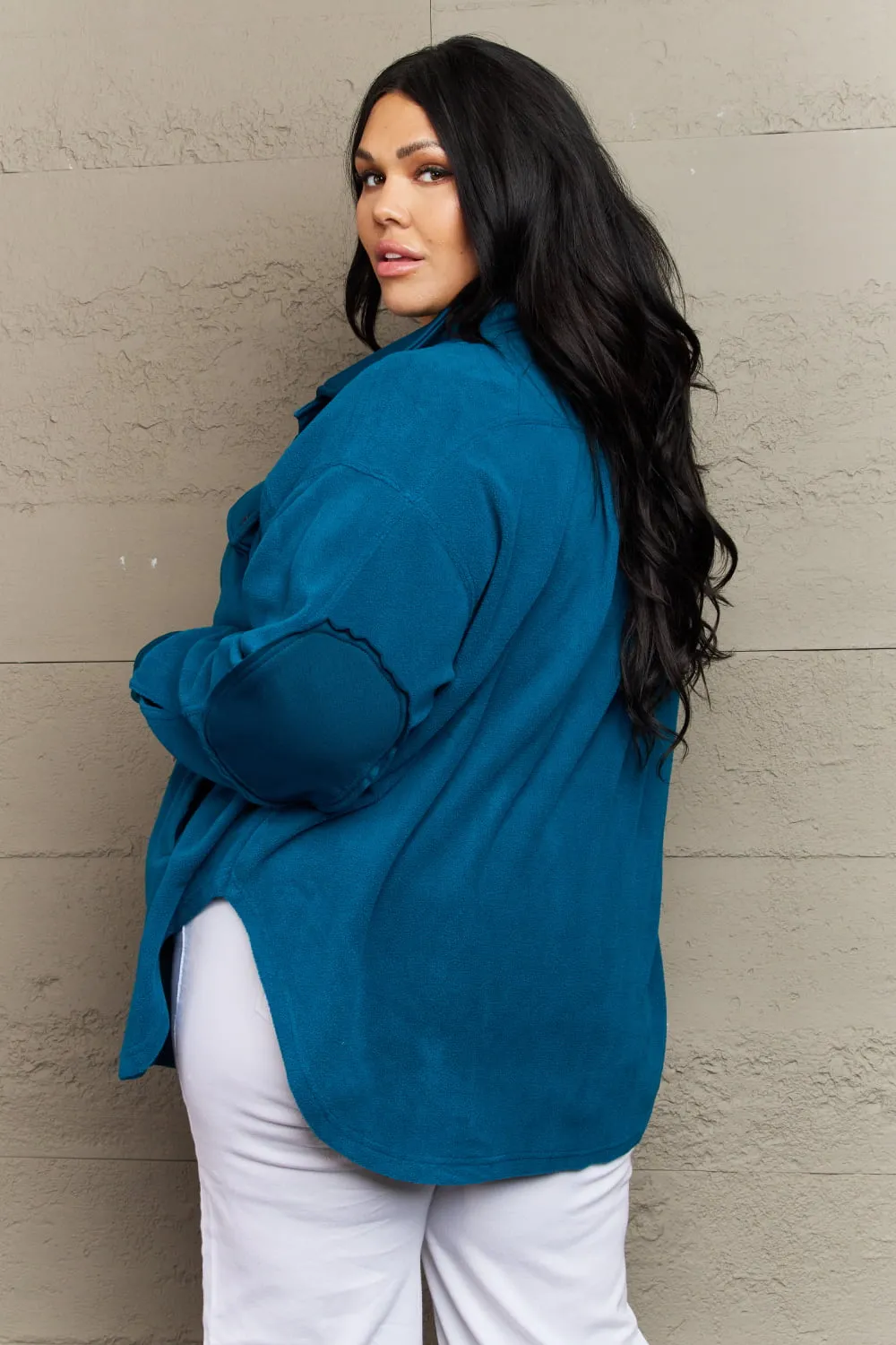 Zenana Cozy in the Cabin Full Size Fleece Elbow Patch Shacket in Teal sold by Charming Charlie product image thumbnail 2