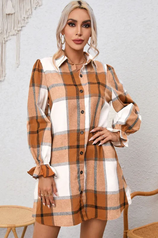 Plaid Collared Neck Flounce Sleeve Shirt Dress sold by Charming Charlie