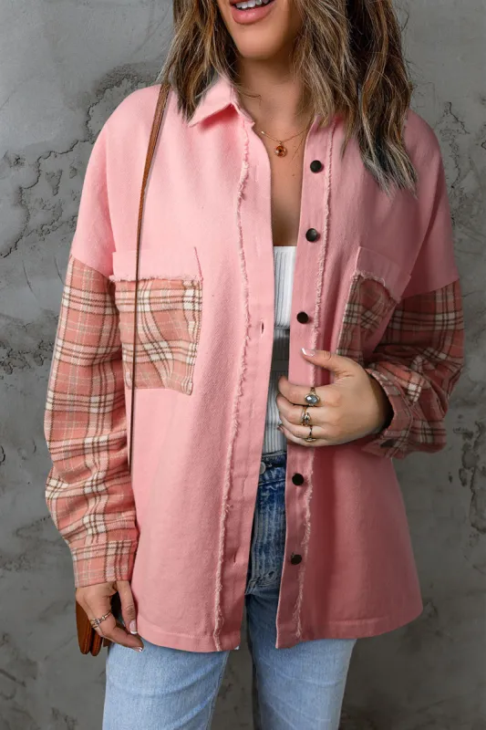 Double Take Plaid Raw Trim Shacket sold by Charming Charlie