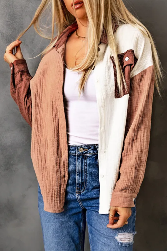 Double Take Color Block Textured Drop Shoulder Shacket sold by Charming Charlie