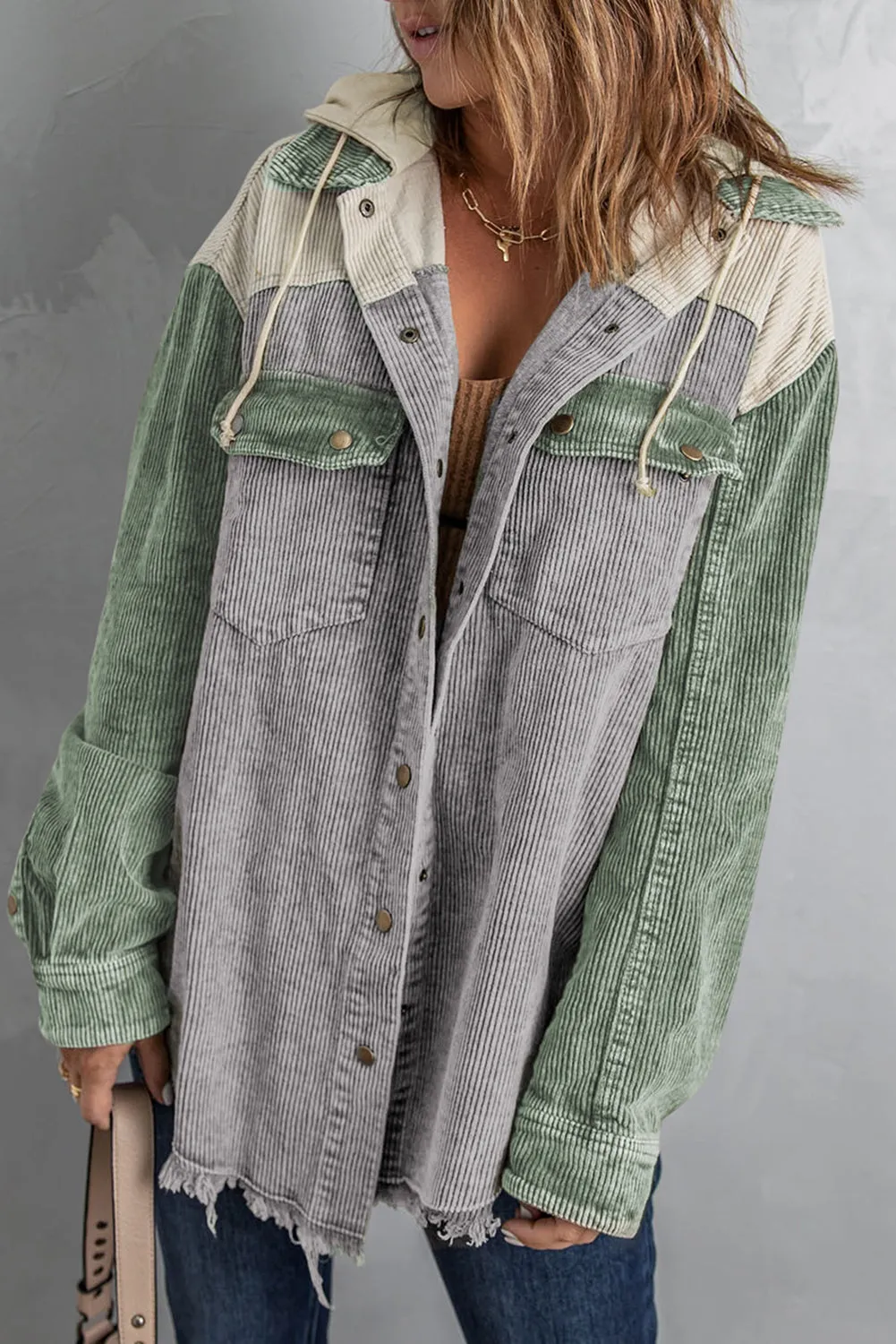 Snap Front Hooded Corduroy Shacket sold by Charming Charlie