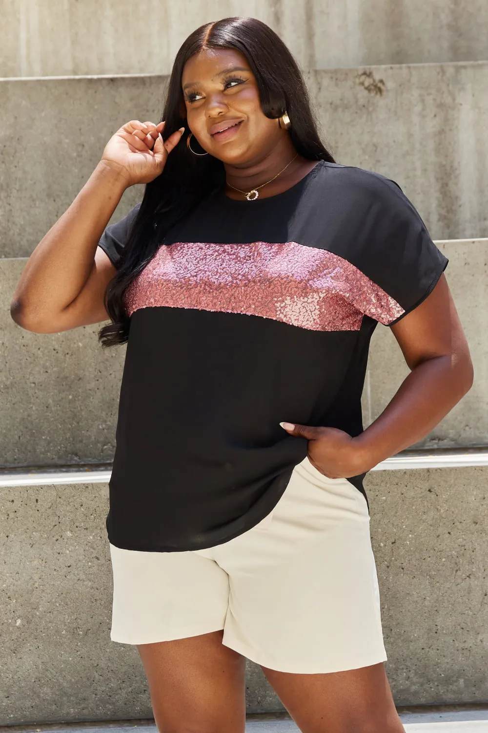 Sew In Love Shine Bright Full Size Center Mesh Sequin Top in Black/Mauve sold by Charming Charlie
