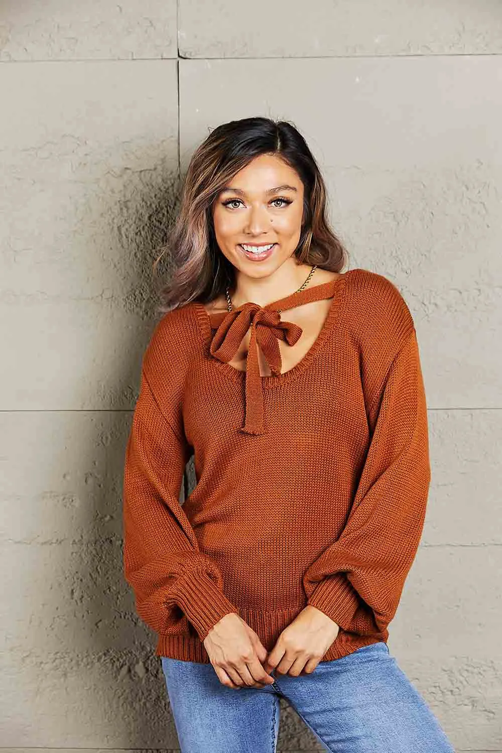 Tied Balloon Sleeve Round Neck Sweater sold by Charming Charlie