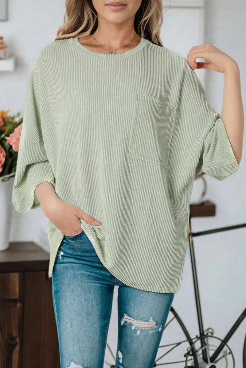 Ribbed Roll-Tab Sleeve Chest Pocket Oversize Top sold by Charming Charlie product image thumbnail 2