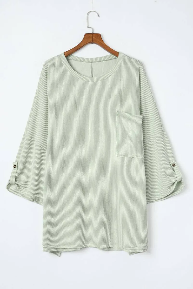 Ribbed Roll-Tab Sleeve Chest Pocket Oversize Top sold by Charming Charlie product image thumbnail 3
